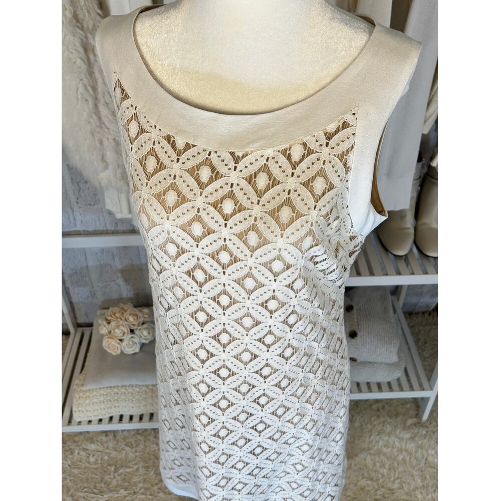 Sharagano Women's Size 10 Ivory Lace Nude Underlay Sleeveless Linen Shift Dress - Picture 2 of 9
